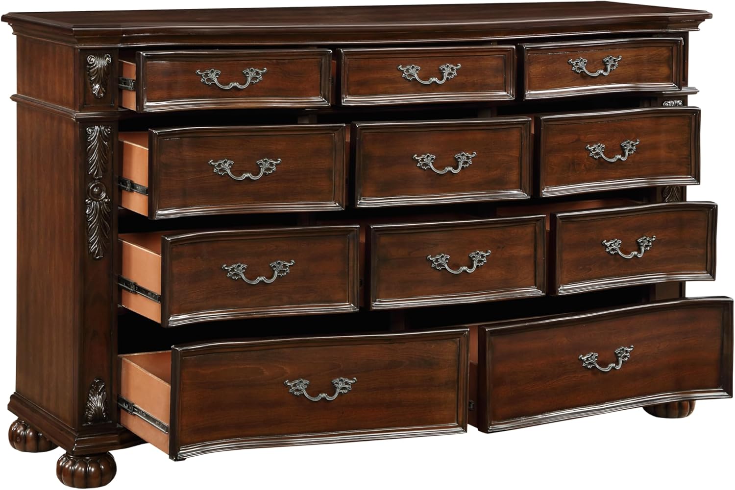 Classic Traditional 1pc Dresser of 11 Drawers Cherry Finish Formal Bedroom Furniture Carving Wood Design