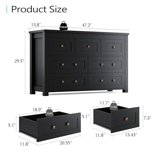 7 Drawer Dresser for Bedroom, Farmhouse Wood Chest of Drawers, Wide TV Stand Closet Storage Furniture with Metal Handle, Modern Wooden Clothes Organizer for Hallway, Living Room, Entryway, Black