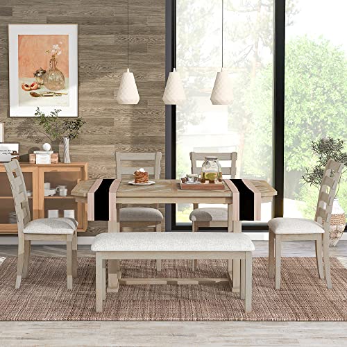 60 Inch Dining Table Set for 6, Modern Faux Marble 6-Piece Kitchen Table Set with Upholstered Dining Chairs and Bench, Dining Room Table Set for Living Room and Kitchen, White+Black
