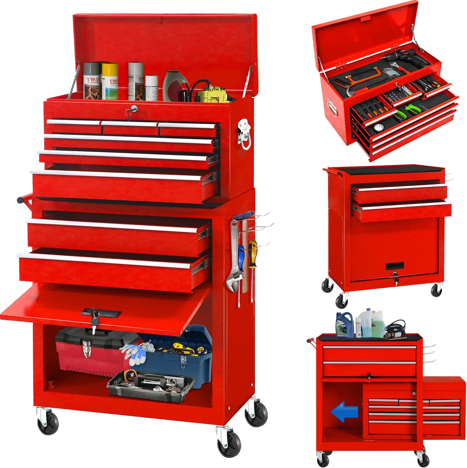 Tool Chest, 8-Drawer Rolling Tool Chest with Wheels, Detachable Red Metal Tool Cabinet with Lock Top Tool Box, for Garage, Warehouse, Workshops, Repair Shop