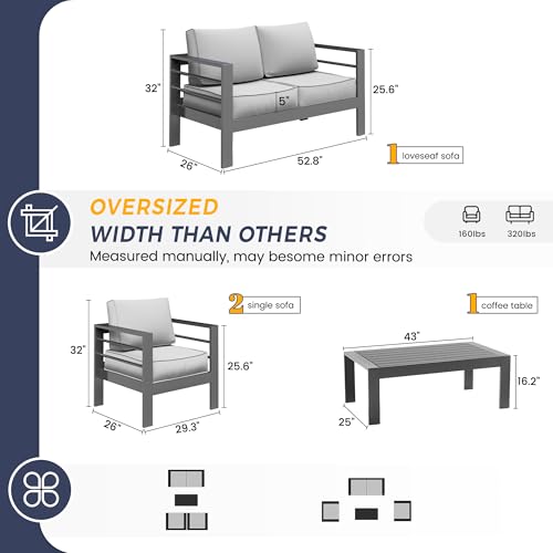 UDPATIO 8 Piece Aluminum Patio Furniture Set, Oversized Modern Outdoor Furniture Set with Olefin Fabric Cushion for Patio Deck Backyard, Dark Grey(with Waterproof Covers)