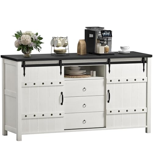 REAHOME 60" Buffet Cabinet with Storage, Farmhouse Sideboard Buffet Cabinet with Sliding Barn Doors & 3 Drawers, Wood Coffee Bar Cabinet Buffet Table for Kitchen, Dining Room, Rustic Brown