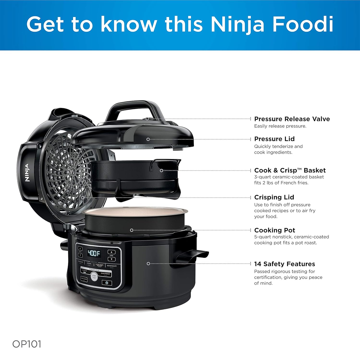 Ninja Foodi 7-in-1 Pressure, Slow Cooker, Air Fryer and More, with 5-Quart Capacity and 15 Recipe Book Inspiration Guide, and a High Gloss Finish