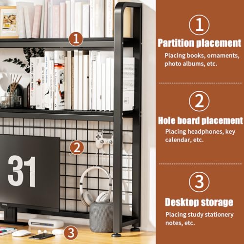 Desktop Bookshelf for Computer Desk, 2-Tier Multipurpose Wood Countertop Bookshelf, Wooden Desktop Bookcase, Multipurpose Freestanding Storage Rack Display Shelf for Office, Home Decor, BLACK
