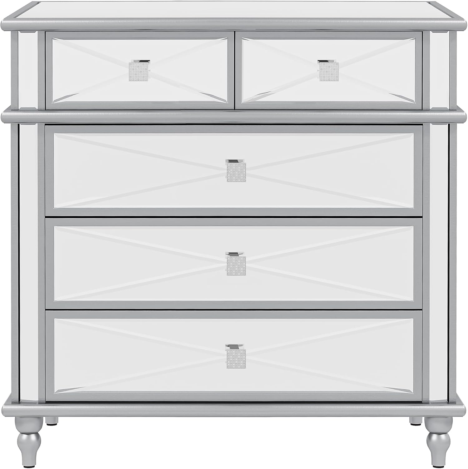 DWVO Silver Mirrored 5 Drawer Dressers for Bedroom, 35" Accent Chest with Drawers, with 5 Storage Drawers and Wood Legs, Fully Assembled Mirrored Nightstand for Bedroom, Living Room