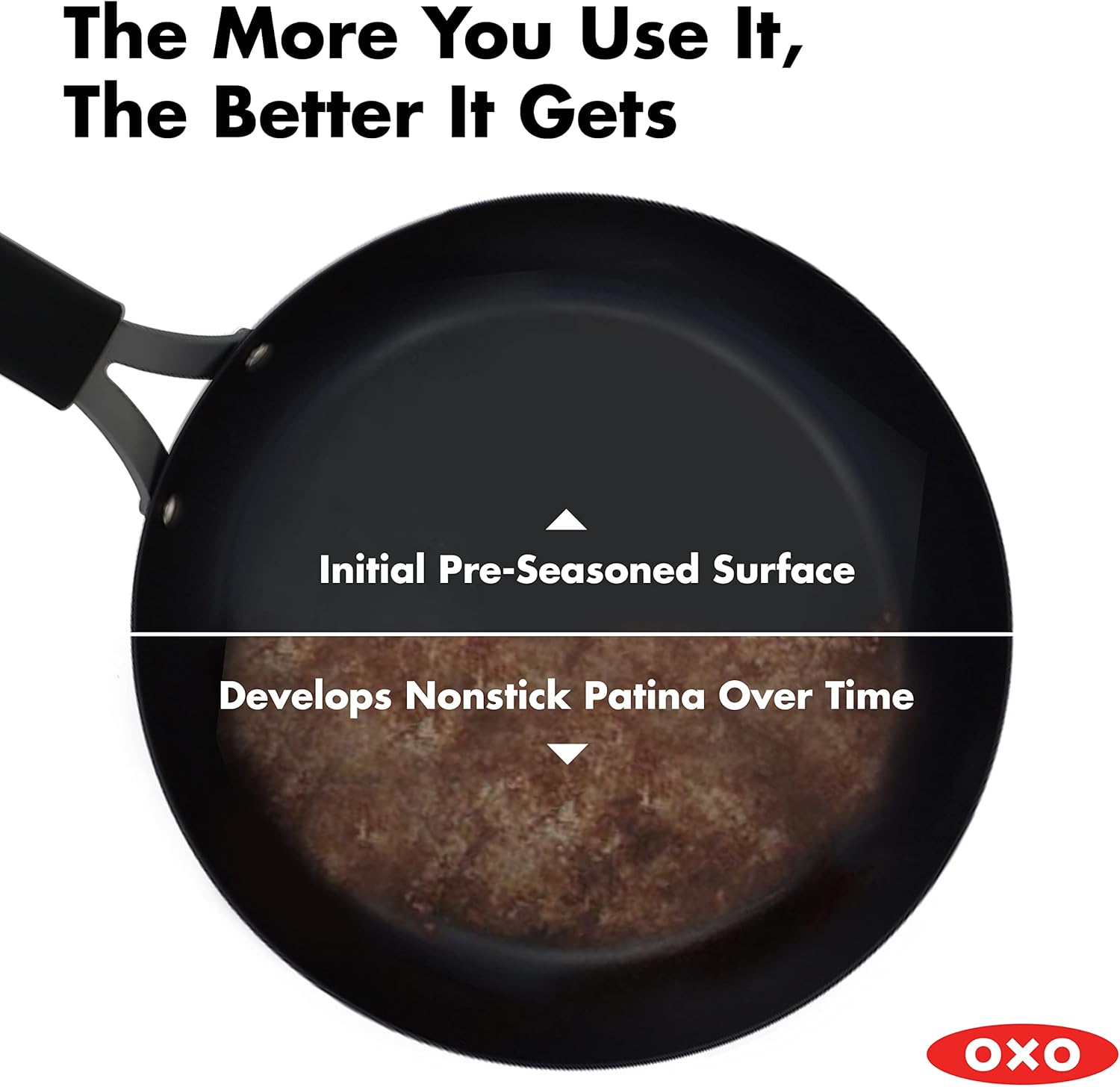 OXO Obsidian Pre-Seasoned Carbon Steel, 12" Wok Pan with Removable Silicone Handle Holder, Induction, Oven Safe, Black Pack of 2