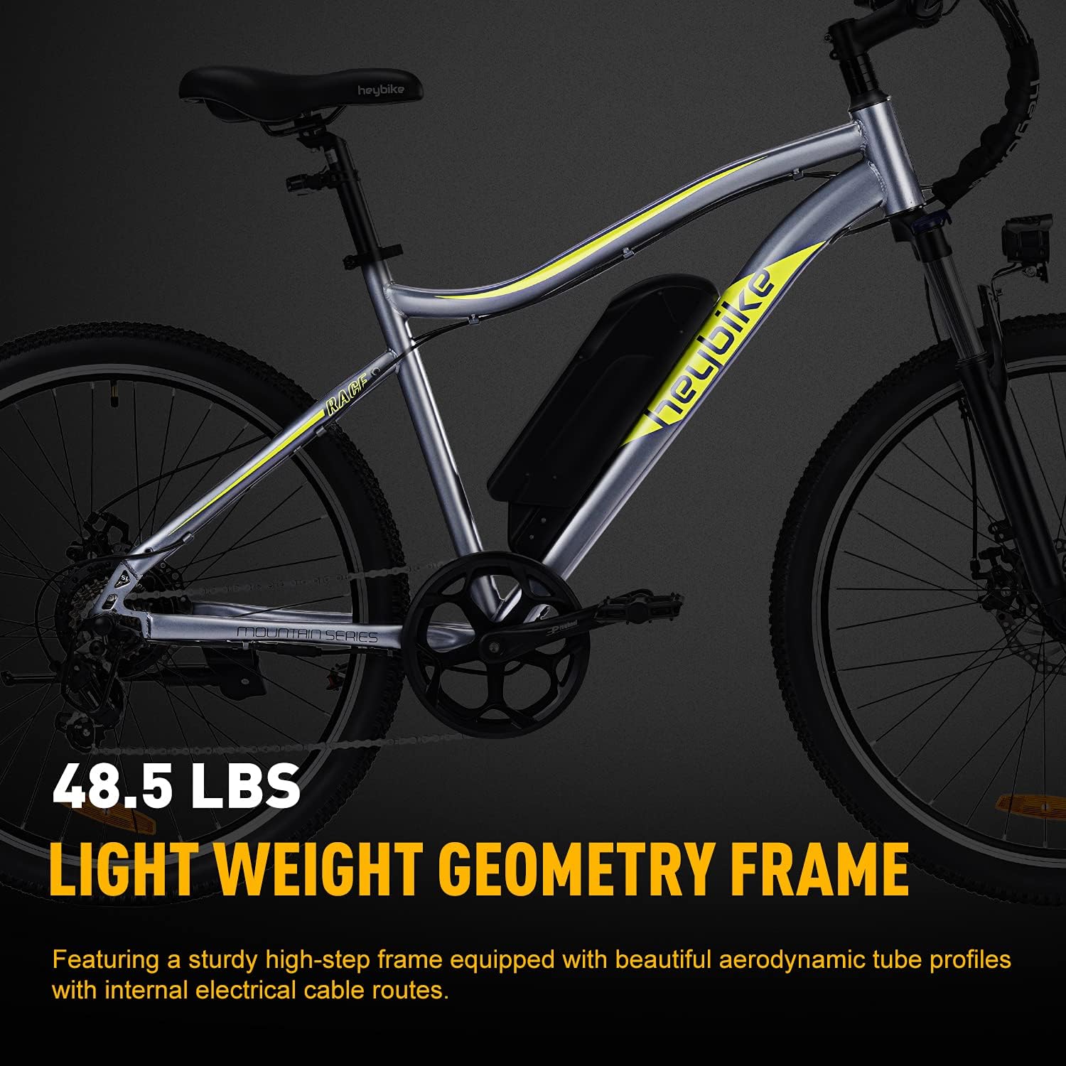 Heybike Race Electric Bike Light Weight 26" Commuter Electric Mountain Bike with 40 Miles Long Range, 350W Brushless Motor, Shimano 7-Speed and Front Fork Suspension, Urban Electric Bicycle for Adults