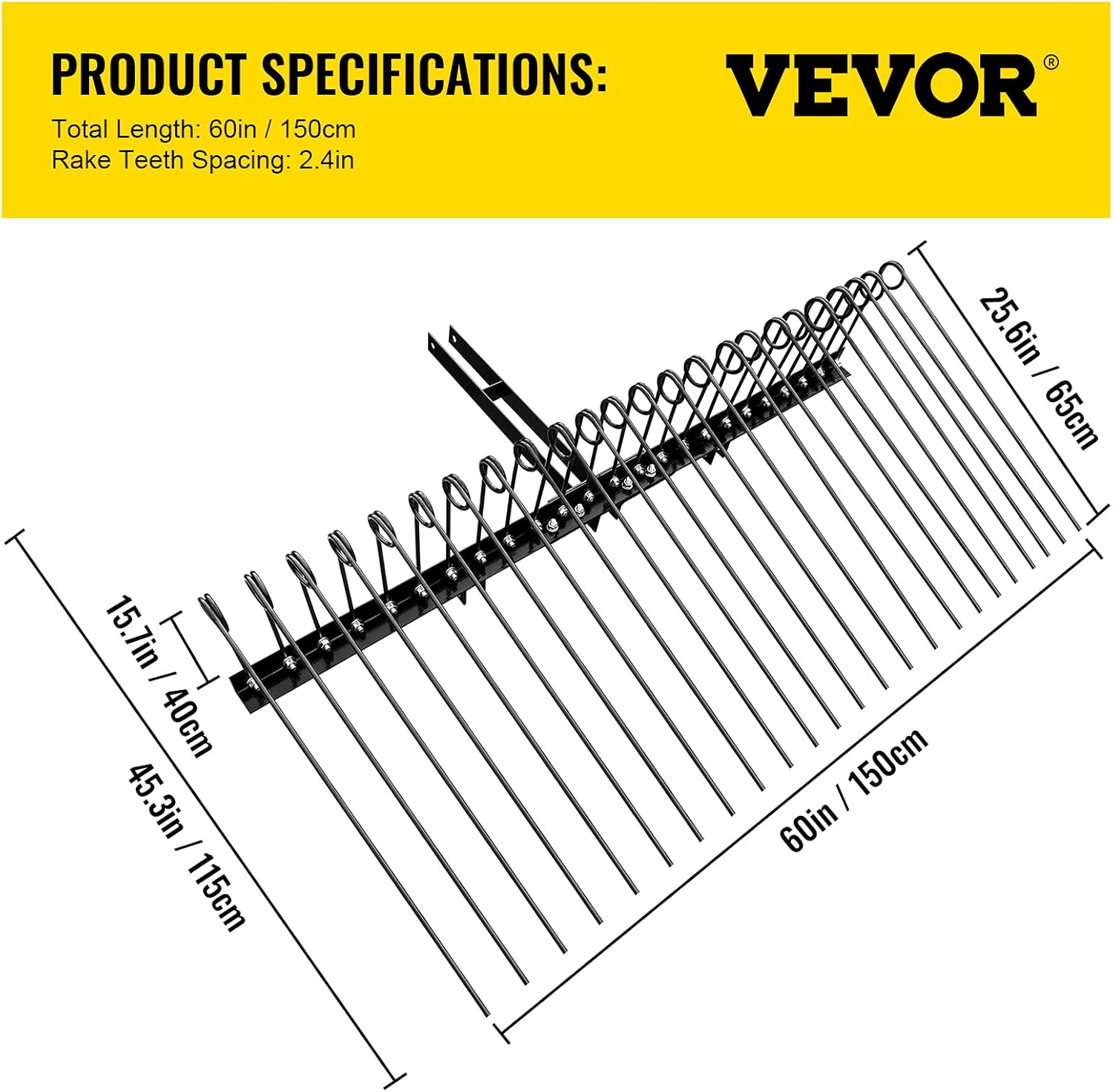 VEVOR Landscape Rake, 60 Inch Wide Tractor Rake, 3-Point Tow Behind Rake with 25.6 Inch Spring Tines, Black Pine Straw Needle Rake Dethatcher, Garden Driveway Rake for ATV UTV and Utility Tractors