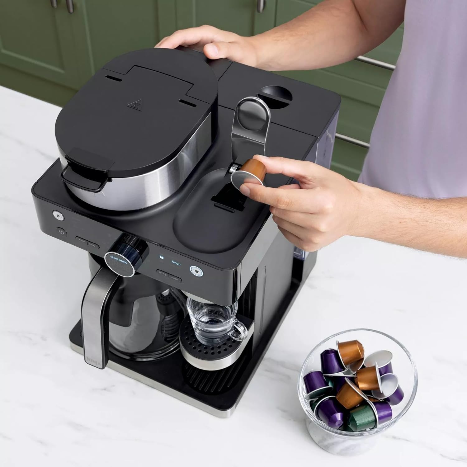 Ninja CFN602 Espresso & Coffee Barista System with Ristretto Function, Single-Serve Coffee & Nespresso Capsule Compatible, 12-Cup Carafe, Built-in Frother, Espresso, Cappuccino & Latte Maker