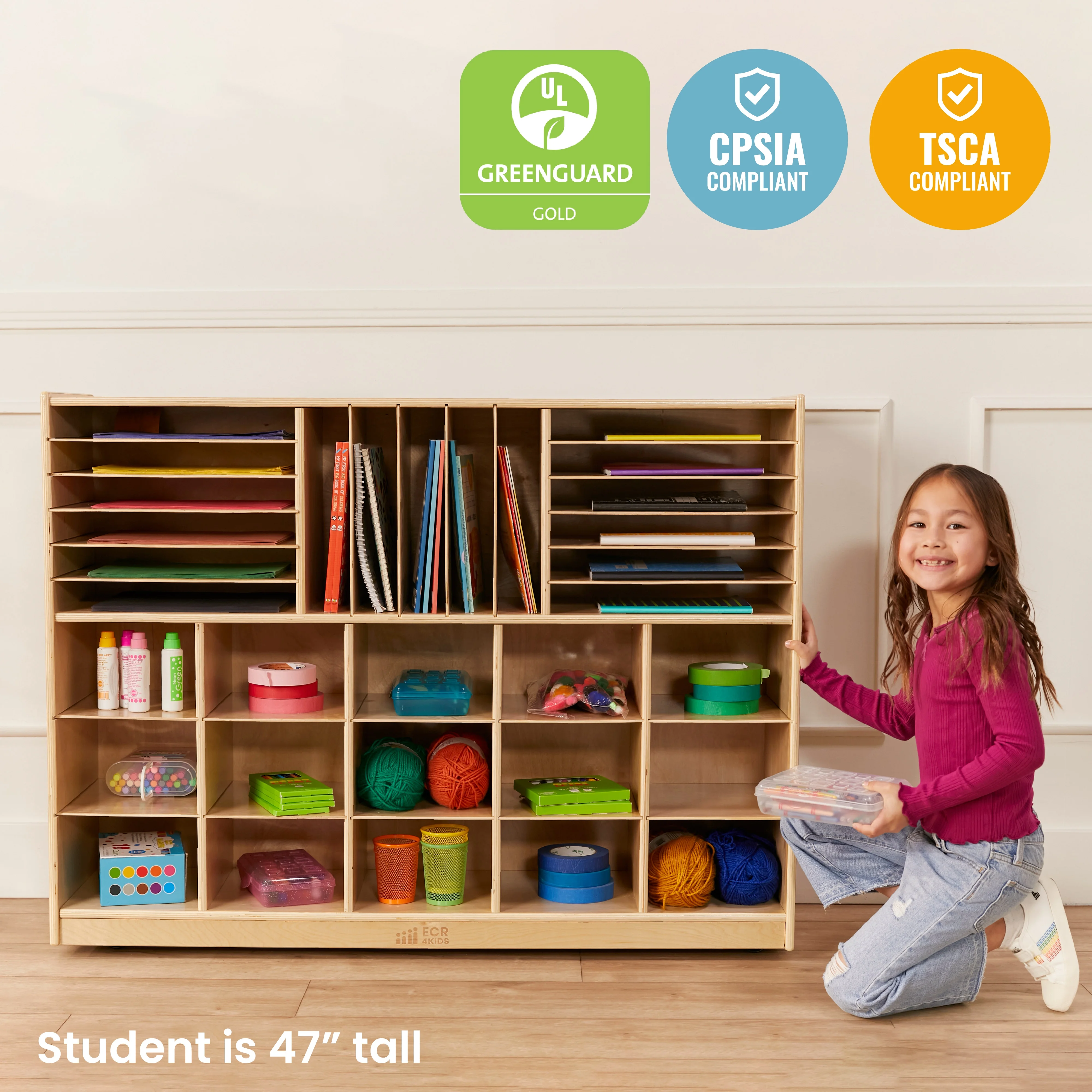 ECR4Kids Multi-Section Mobile Storage Cabinet, Classroom Furniture, Natural