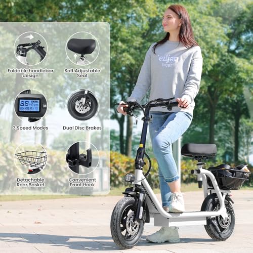 Caroma Peak 800W/1200W Electric Scooter Adults, 30 Miles Max Range, Foldable Electric Scooter with Seat, Front Suspension, Detachable Large Basket,Commuter E-Scooter for Adult and Teens