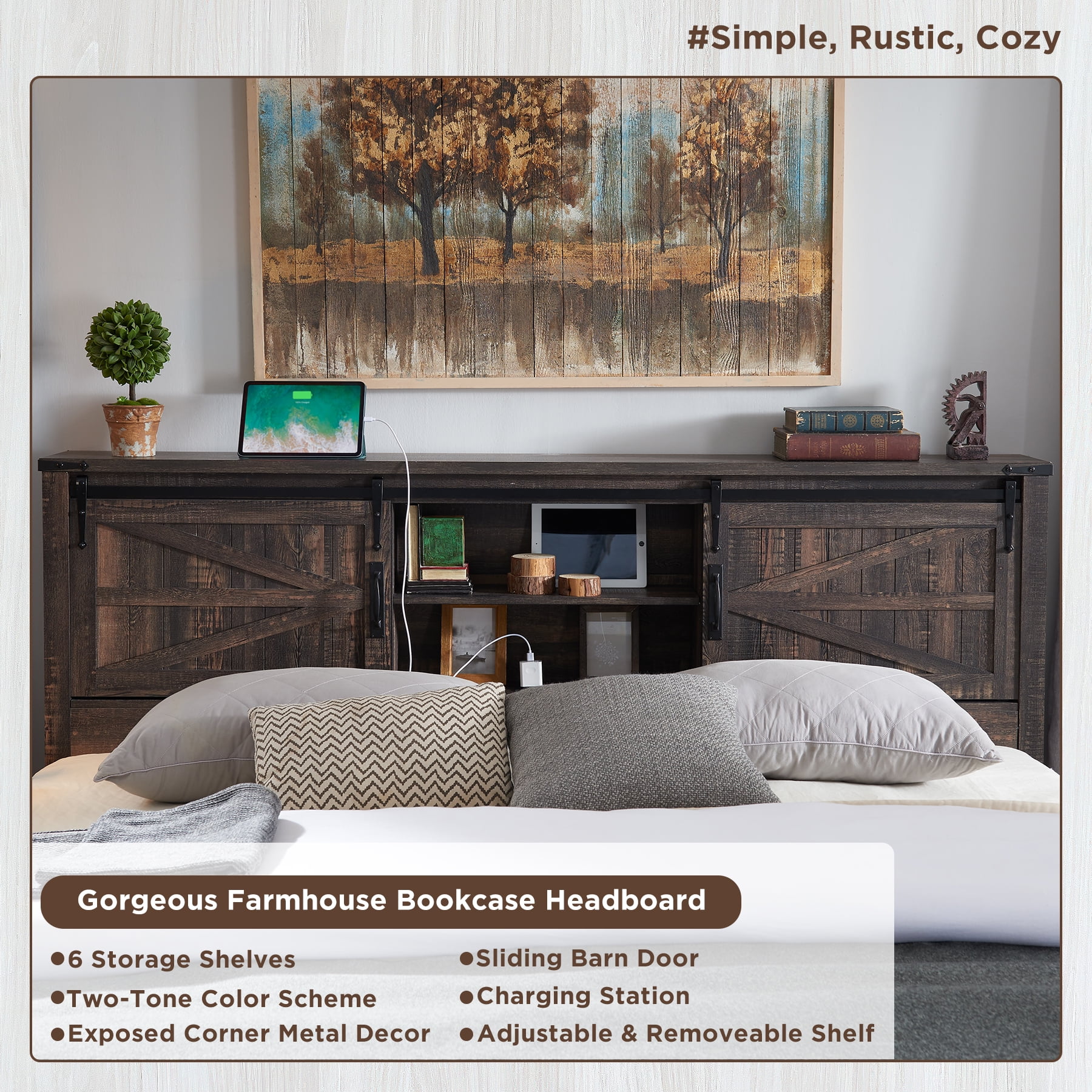 OKD Modern Farmhouse Full Platform Bed with Bookcase Headboard Storage and Charging Station, No Box Spring Needed, Anitique White Finish