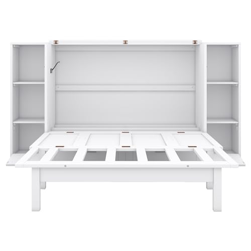 Queen Size Murphy Bed with Shelves and Storage Drawers, Wood Wall Bed Cube Bed Frame with USB Ports for Home Office, Small Room, Apartments, Guest Rooms, Bedroom, Furniture (White, Queen)