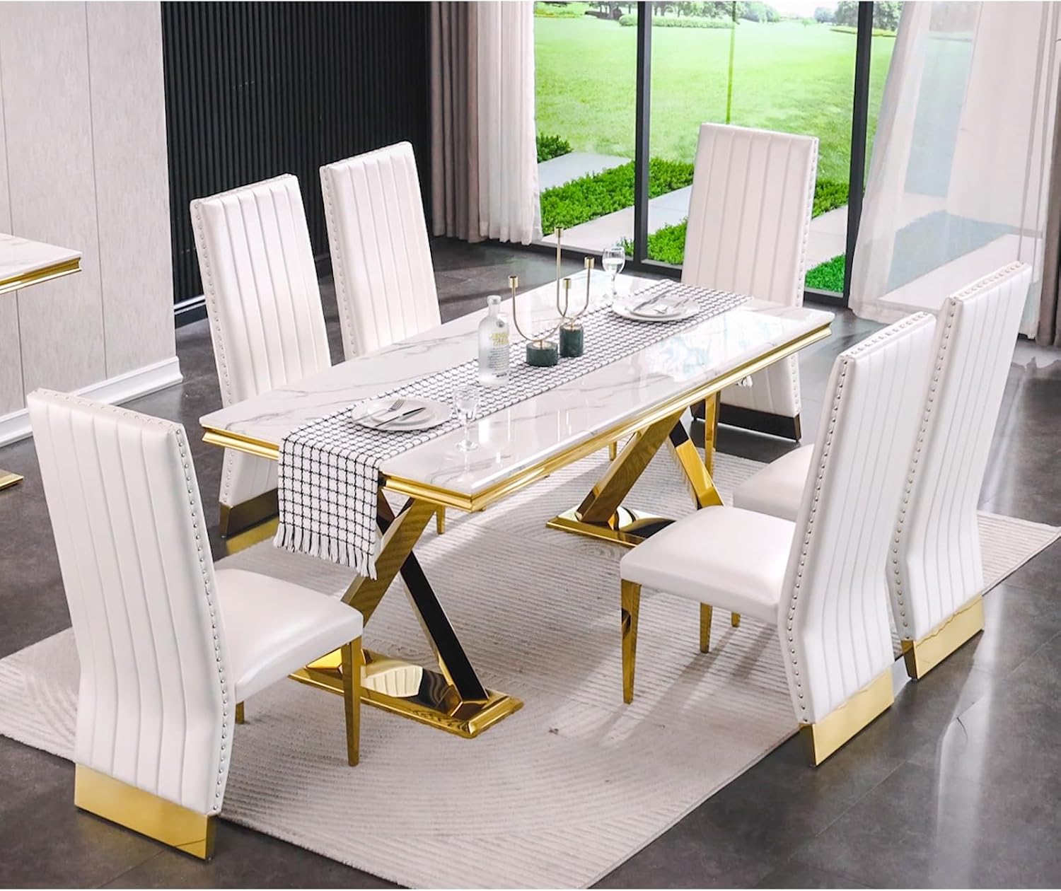 White and Gold Dining Table, 72" Dining Room Table with Polished Gold Double X-Base, Luxury Kitchen Table for 4-8