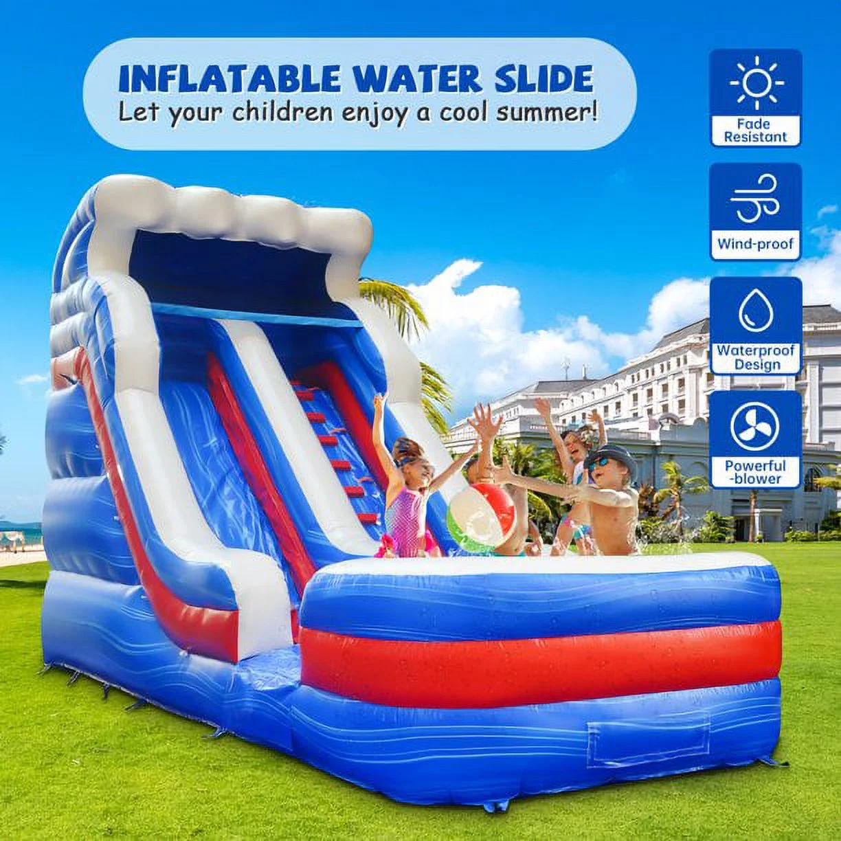 GOOSH 16 ft x 26 ft Commercial Grade Kid  Inflatable Water Slide with Blower, Giant Blow Up Outdoor Water Slide with Splash Pool, Big Water Slide Inflatable for Lake Backyard Outdoor Fun