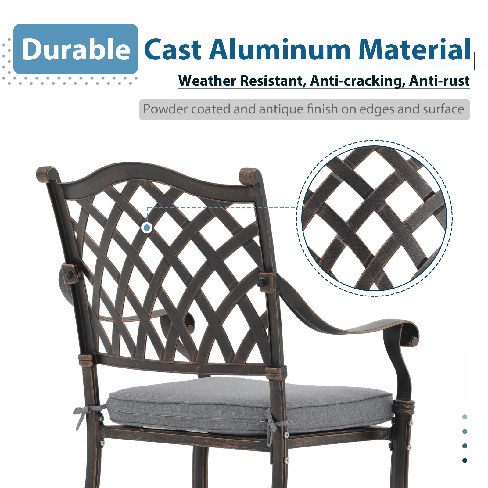 5 Piece Patio Dining Set, Rust-Resistant Cast Aluminum Patio Conversation Set, Outdoor Furniture Patio Table and Cushioned Chairs with Umbrella Hole, Lattice Design Antique Bronze