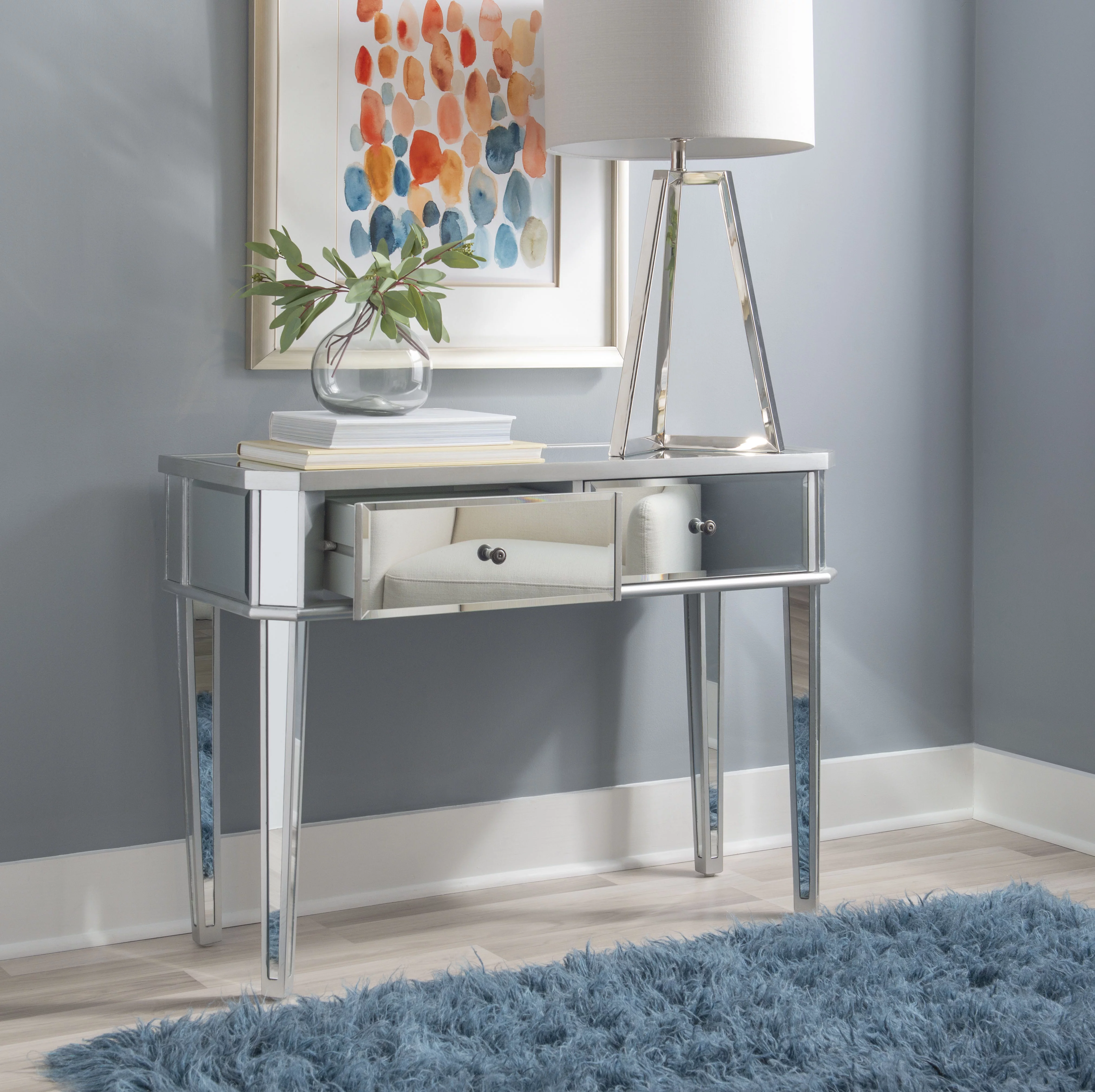 Powell Deville 2-Drawer Indoor Console Table, Mirrored Surfaces and Luxe Silver Wood