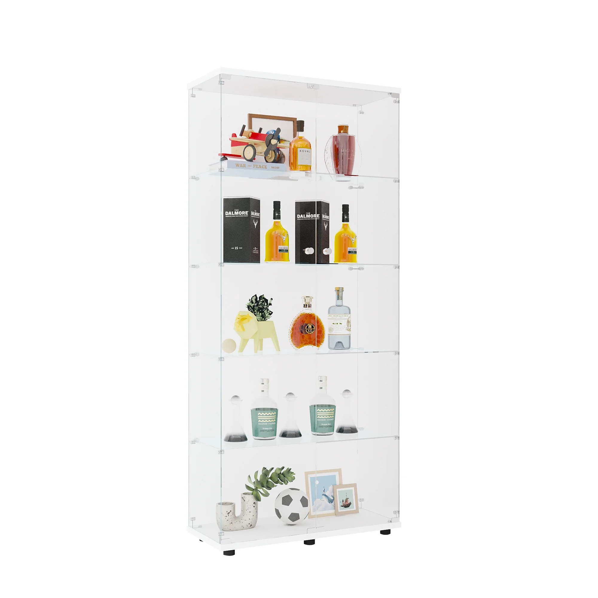 5-Shelf Glass Display Cabinet, Display Cabinet with Two Door, Fast Installation, Floor Standing Curio Cabinets Bookshelf Display Case for Living Room Bedroom, Trophy Case with Handle&Lock, White