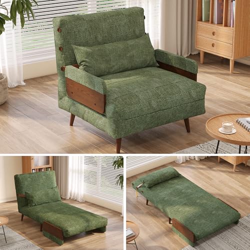 3-in-1 Convertible Chair Bed Sleeper for Adults, Linen Convertable Sleeper Chair with Wooden Arms & Pillows, Foldable Single Futon Sofa Bed (Mid Century with Walnut Arm, 36.6" Wide)