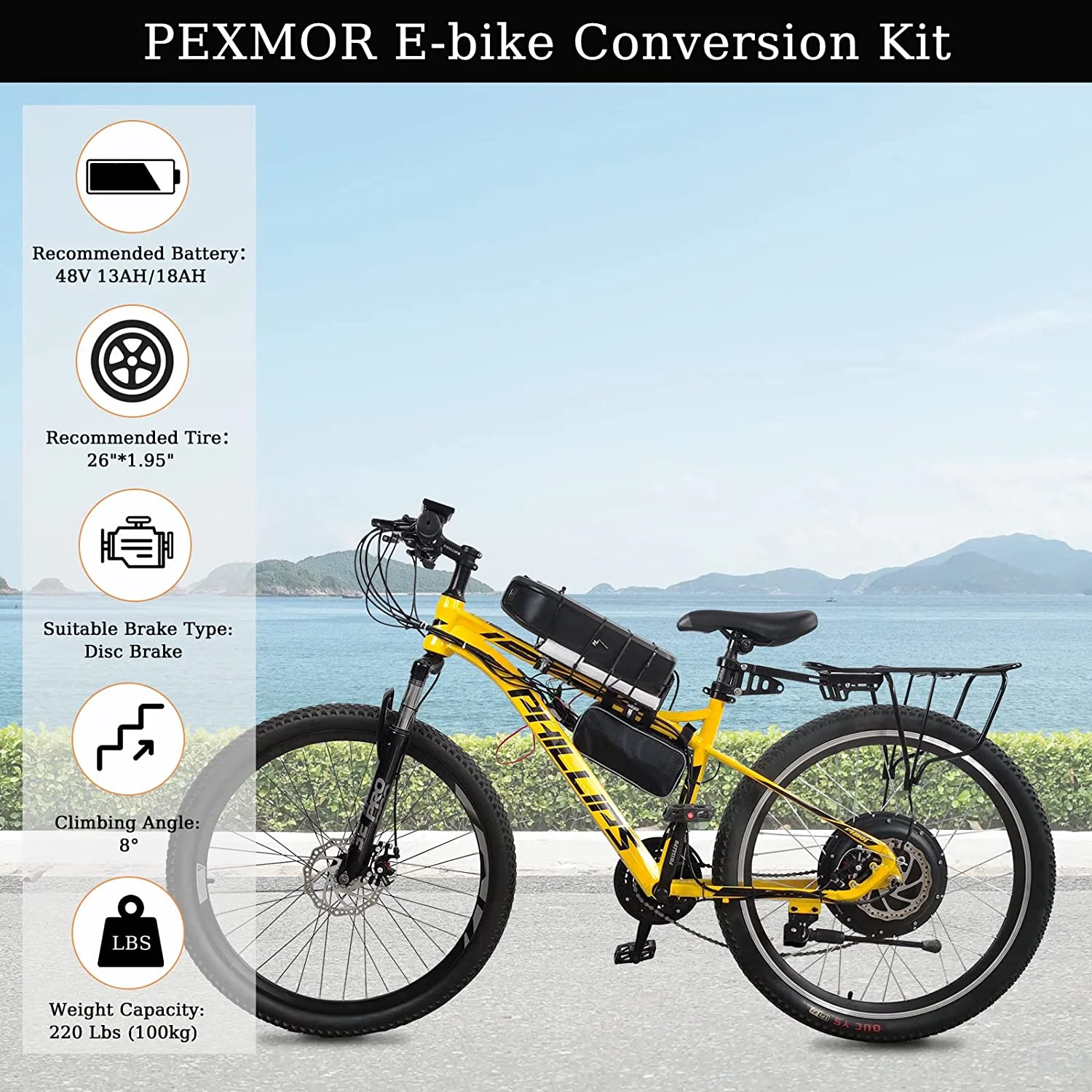 PEXMOR Electric Bike Conversion Kit, 48V 1000W 26" Front/Rear Wheel w/Tire Ebike Conversion Kit, Electric Bicycle Hub Motor Kit with LCD Display/Controller/PAS/Brake Lever/Torque Arm