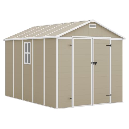 Outdoor Storage Shed, 6x6 FT Resin Shed with Floor and Lockable Door, Window, Vents, Tool Sheds and Outdoor Storage for Bike, Garden Accessories, Tools, Waterproof (Grey & White)