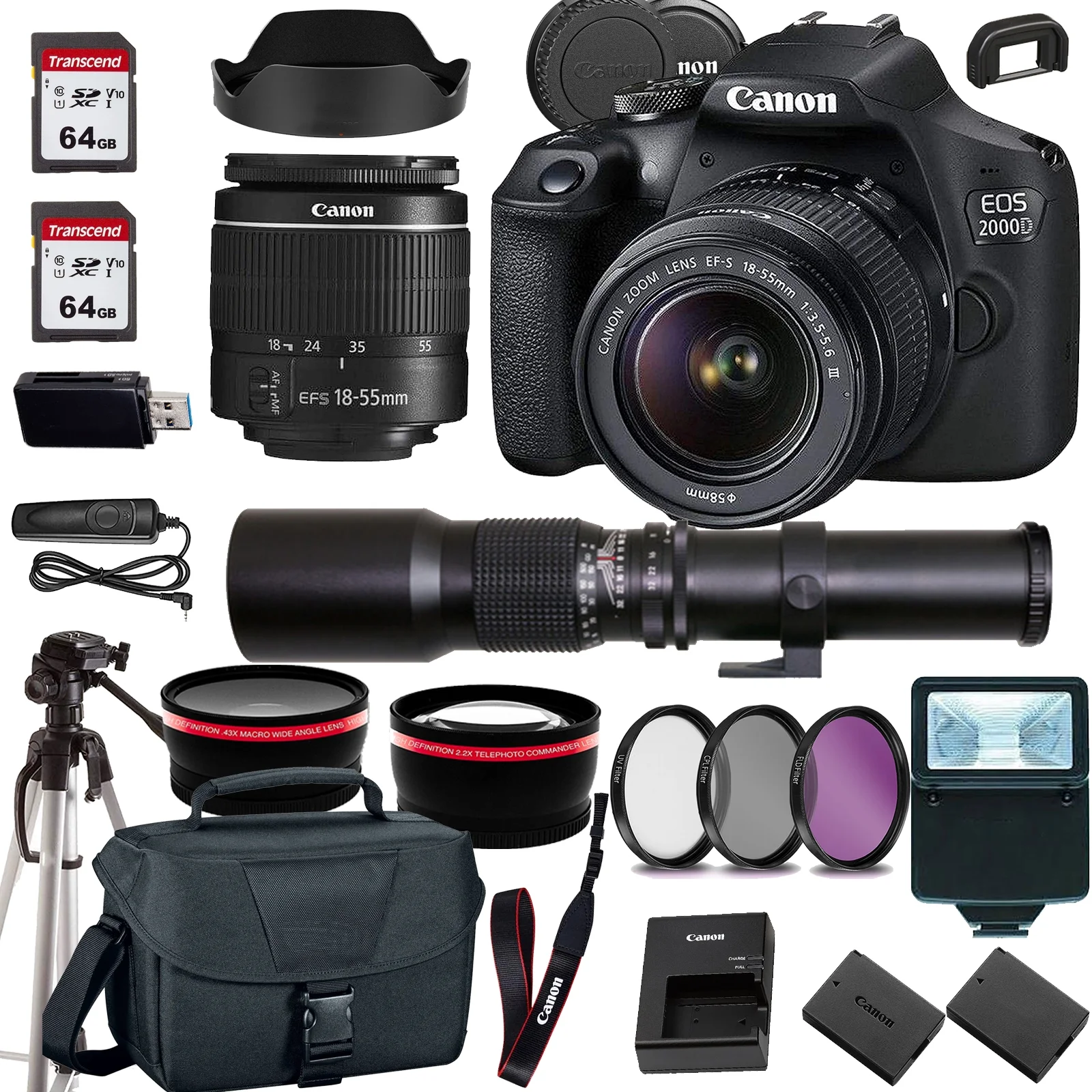 Canon EOS 2000D (Rebel T7) DSLR Camera w/Canon EF-S 18-55mm F/3.5-5.6 Zoom Lens+500mm f/8.0 Telephoto Lens+case+128Memory Cards (24PC) - Curated Treasures Market