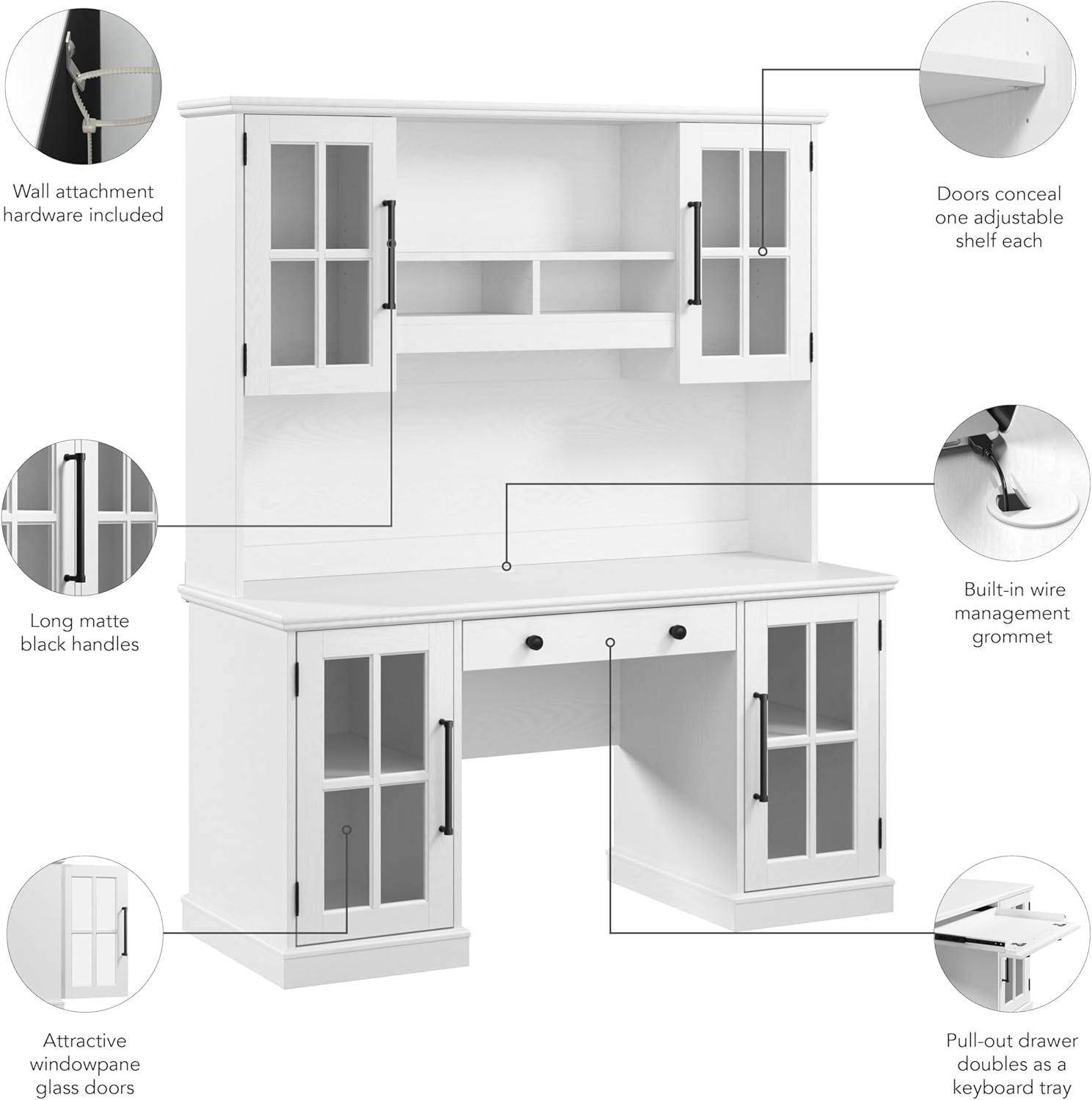 Bush Furniture Westbrook 60W Computer Desk with Hutch and Storage in White Ash | Farmhouse Desk for Home Office Workspace