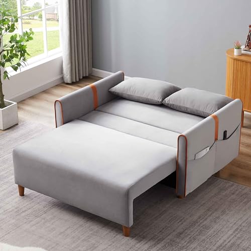 55.2" Pull Out Sofa Bed, 3-in-1 Modern Velvet Loveseat Bed with Storage, Adjustable Backrest, Convertible Sleeper Sofa Couch with Side Pockets and Pillows for Small Spaces,Office (Black)