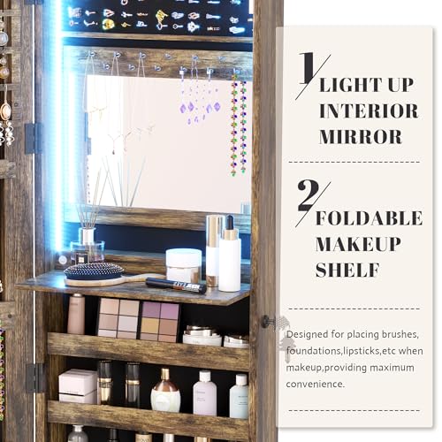 Vlsrka 47.2" LED Grey Jewelry Mirror Cabinet, Wall/Door Mounted Jewelry Armoire Organizer with Full-Length Mirror, Large Capacity Storage Hanging Cabinet, 4 Drawers, 5 Shelves, Built-in Lighted Mirror