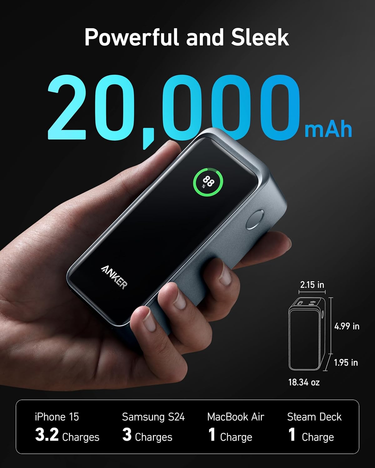 Anker Power Bank, 24,000mAh 3-Port Portable Charger with 140W Output, Smart Digital Display Prime Power Bank 20,000mAh Portable Charger with 200W Output