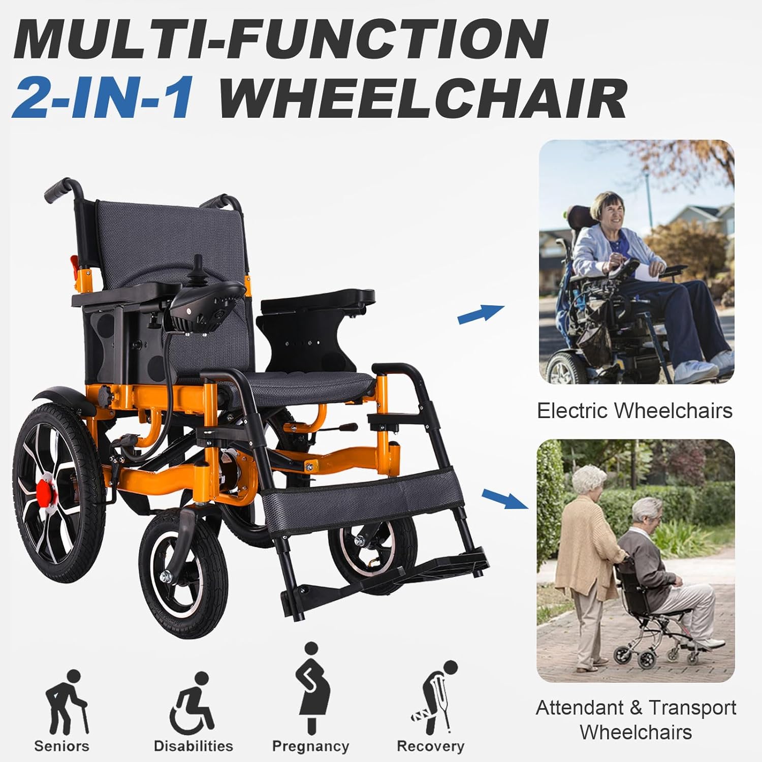 2In1 Lightweight Folding Electric Wheelchair for Adults with 20in Seat, All Terrain Power Wheelchairs for Seniors Support 300lbs
