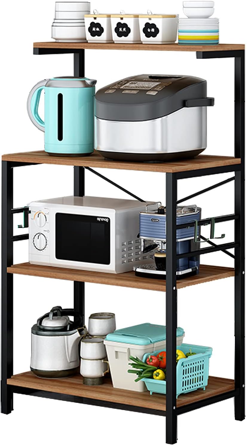 Bakers Rack for Kitchen,4-Tier Kitchen Storage Shelf Rack,Microwave Cart Coffee Bar Microwave Stand Rack with 4 Hooks,Bakers Racks for Kitchens with Storage (Single Row)