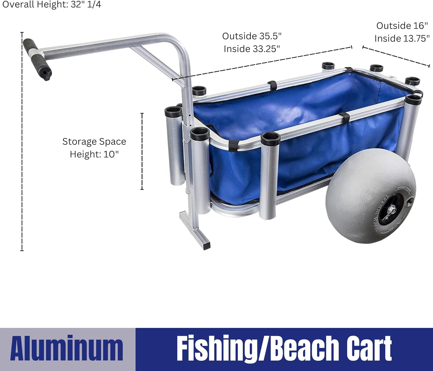 Outdoor Heavy Duty Aluminum Fishing Cart/Beach Cart with Large Wheels for Fishing, Camping, 35"x 16" basket, Anti-Corrosion, Heavy Duty
