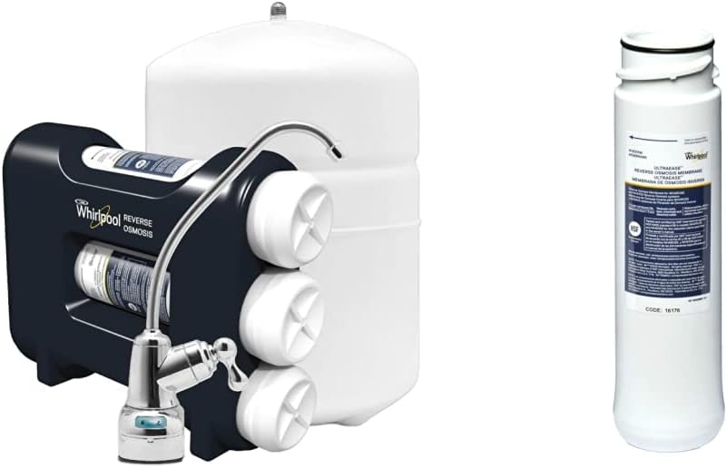 Whirlpool WHAROS5 Reverse Osmosis Water Filtration System, 14" deep x 13" Wide x 15 inches Tall, Blue & WHEERM Replacement Membrane, Single Unit, White