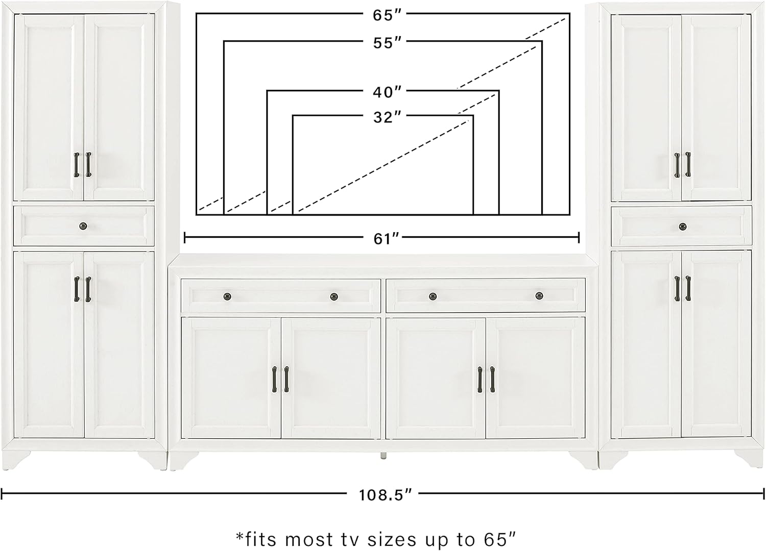 Crosley Furniture Tara 3-Piece Entertainment Set with Sideboard and 2 Storage Cabinets, Distressed White
