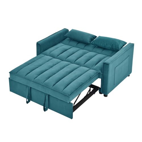3-in-1 Convertible Sleeper Sofa Bed, Velvet Pull Out Loveseat Futon Sofa Couch with Adjustable Backrest and Pillows, Lounger Armchair Bed with Side Pockets for Living Room Bedroom (Black White)