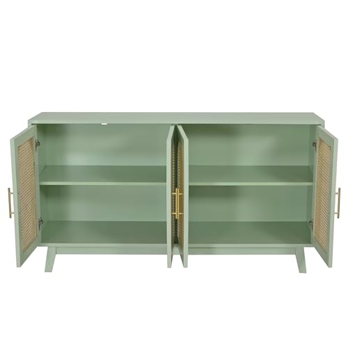 Sideboard Accent Storage Cabinet with Rattan Decorated 4 Doors Modern Freestanding Kitchen Buffet Table Cupboard Accent Cabinet for Dinging Room, Living Room, Entryway,Mint Green, M042310