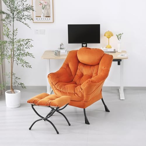Lazy Chair with Ottoman, Modern Accent Chair Contemporary Lounge Leisure Sofa Chair with Armrests, Reading Chair and Folding Footstool Set for Living Room, Bedroom, Office, White Grey