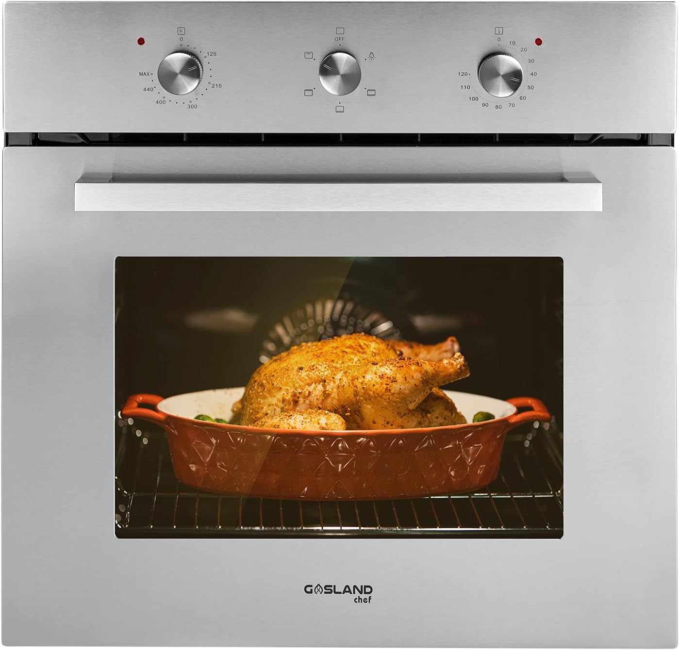 GASLAND Chef 24 Electric Single Wall Oven, 2.3Cu.f Multi-functional Built-in Black Glass, 240V 2000W 9 Cooking Function Electric Oven with Rotisserie Mechanical Knobs Control