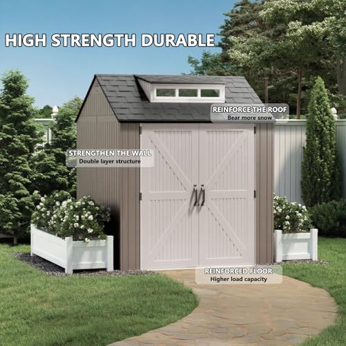Large Resin Outdoor Storage Shed with Floor (7-10.5 Ft) - Weatherproof Double Wall Construction for Lawn Mowers, Garden Tools, Bike & Pool Supplies, Lockable (Brown, 7x7 FT)