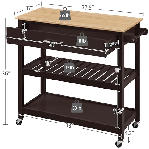 Yaheetech Kitchen Island Cart on Wheels with Bamboo Tabletop, 3-Tier Rolling Kitchen Island Microwave Cart with Drawer, Detachable Towel, 3 Hooks, 17" D x 37.5" W, White