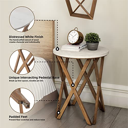 Pedestal Farmhouse End Table Set of 2, Distressed White Top with 4-Legs Base for Modern Farmhouse, Boho Decor, Round