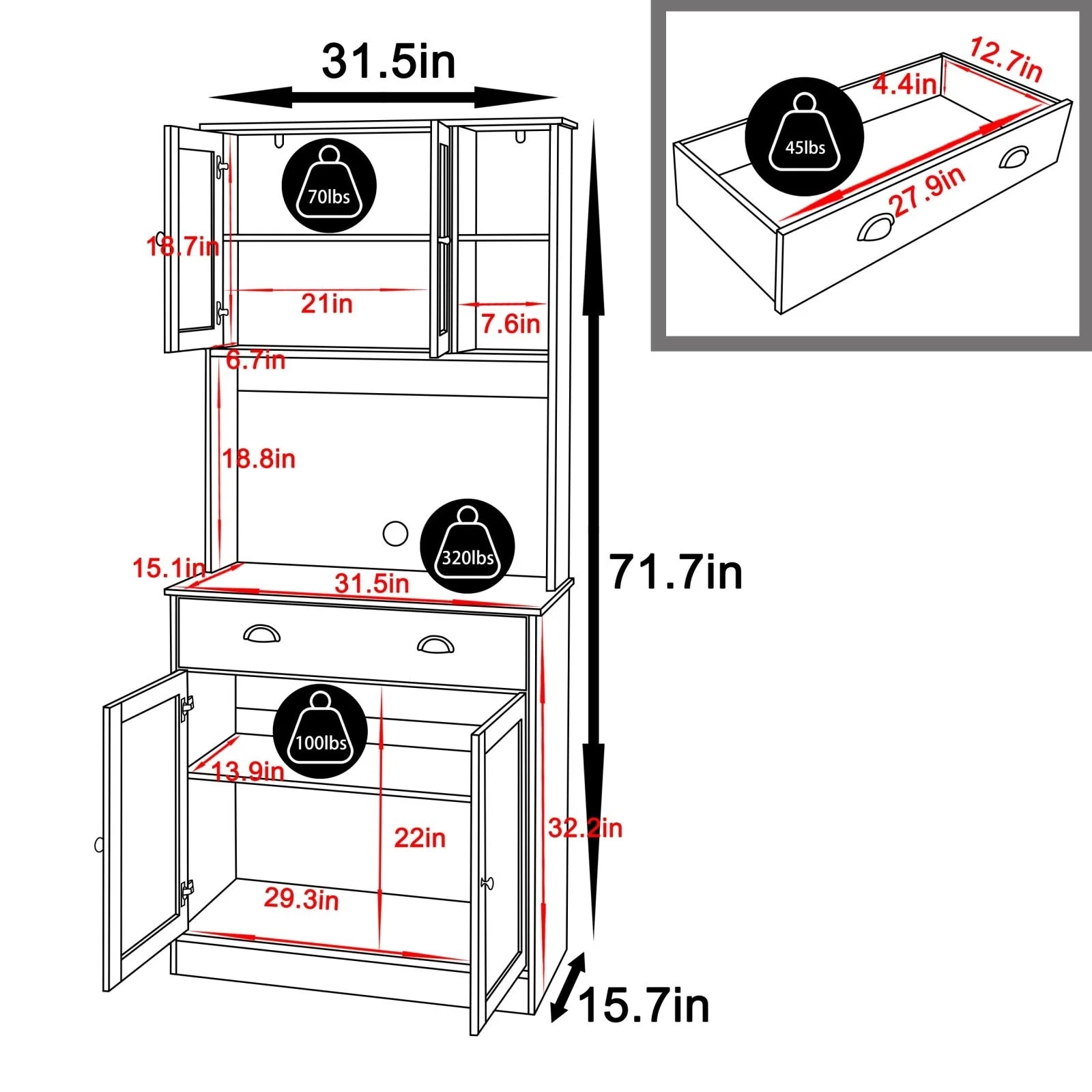 VEIKOUS 72'' Kitchen Pantry Cabinet Storage Hutch with Microwave Stand Blue
