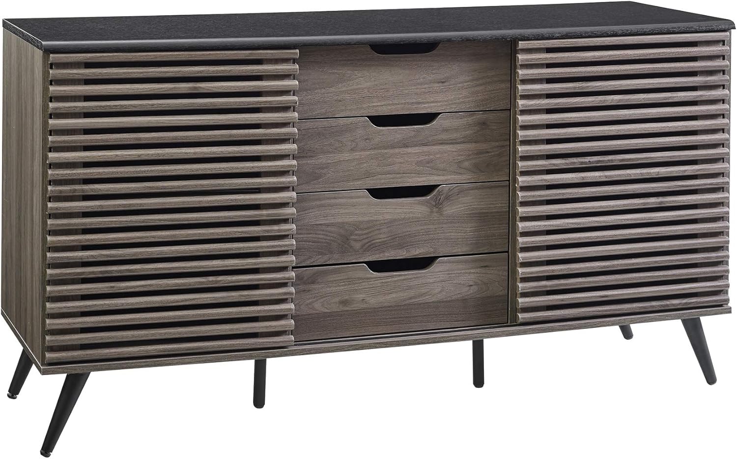 Walker Edison Modern 4 Drawer Sliding Door Wood Cabinet Buffet Entryway Serving Storage Cabinet Doors Dining Room Console, 59 Inch, Black and Slate Grey