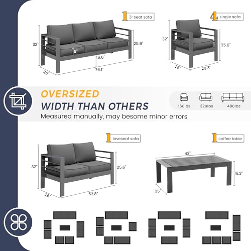 UDPATIO 8 Piece Aluminum Patio Furniture Set, Oversized Modern Outdoor Furniture Set with Olefin Fabric Cushion for Patio Deck Backyard, Dark Grey(with Waterproof Covers)