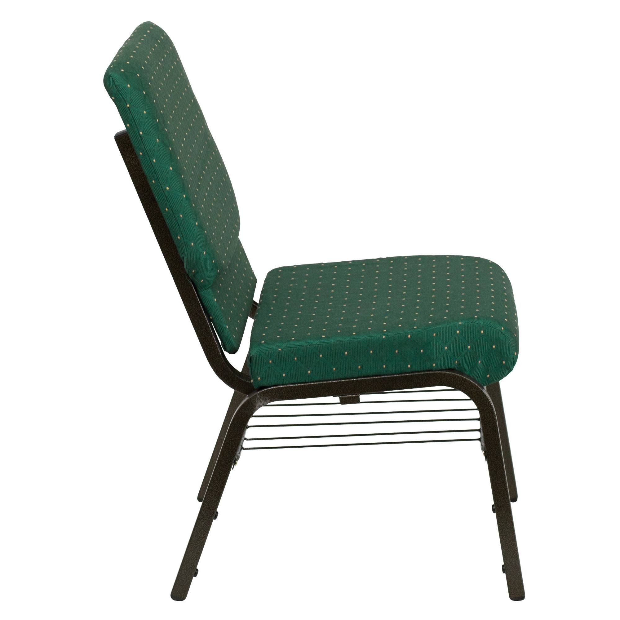 Hercules Series 18.5&&W Church Chair with Book Rack Green Patterned Fabric/Gold Vein Frame