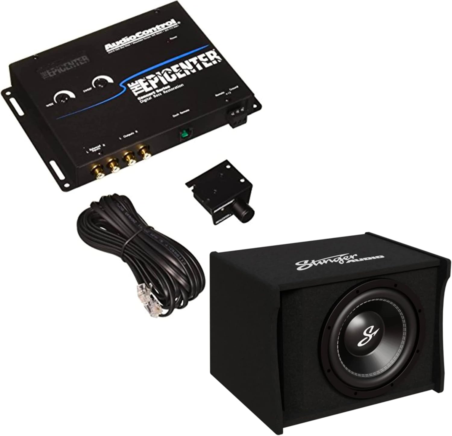 AudioControl The Epicenter Bass Booster Expander & Bass Restoration Processor with Remote with Single 10" 1,200 Watt Peak Power Loaded Subwoofer Enclosure