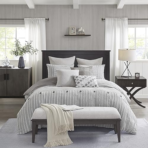 Madison Park King Comforter Set Clipped Jacquard Stripes with Buttons Boho Comforter for a King-Size Bed, Cotton Oversized Comforters with Removable Cover Boho Bedding, King Ivory 9 Piece
