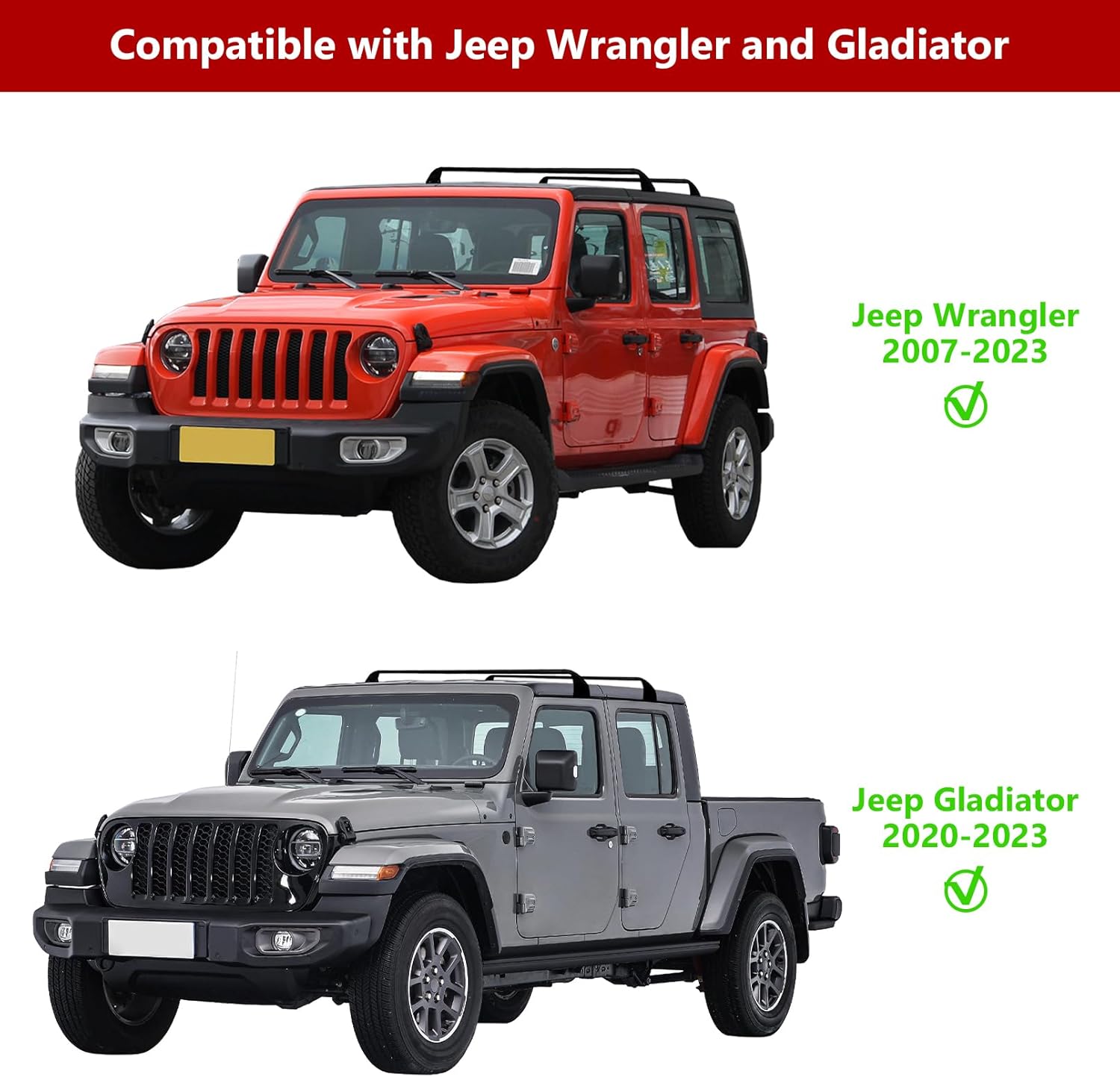 Roof Rack Cross Bars for 2020-2023 Jeep Gladiator and Jeep Wrangler 2007-2023(ONLY FIT Hard Roof Top), Heavy Duty Aluminum Roof Rack for Kayak Cargo Carriers Luggage(Max Loading 260lbs)