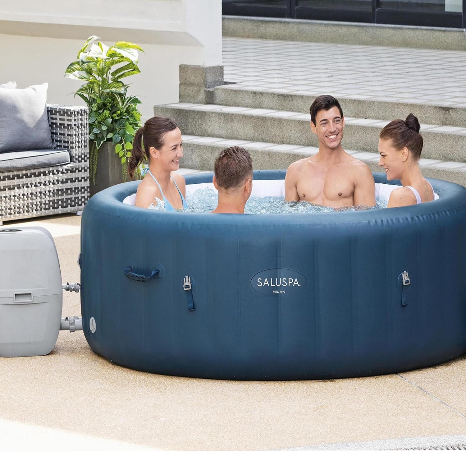 Bestway SaluSpa Milan AirJet 4 to 6 Person Inflatable Hot Tub Round Portable Outdoor Spa with 140 AirJets and EnergySense Energy Saving Cover, Blue